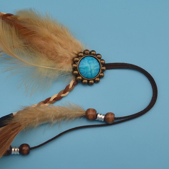9724 Boho Handmade Rope Leather Brown Feather Headbands With Wood Beads main image 5